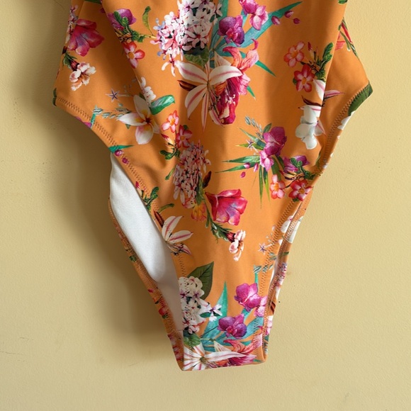 Express Swim Floral One Piece Open Back Swimsuit in Orange Size Medium - Picture 2 of 5